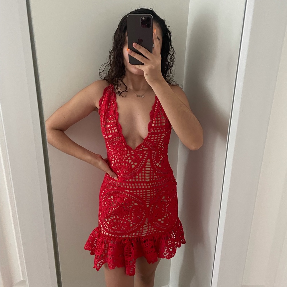 Red Lace Frill Trim Dress